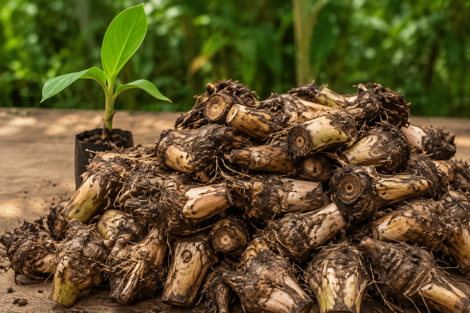 Freshly harvested banana seeds / Vazhavithu planting material with a young banana sapling